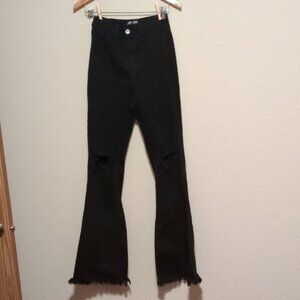 JC USA Black Flared Jeans With Distressed Knees & Frayed Hems